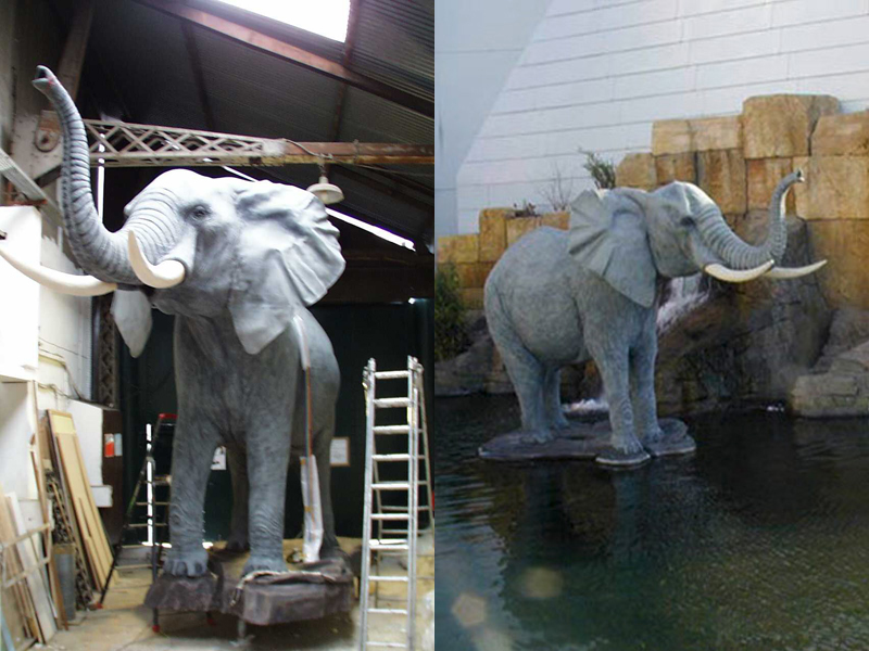 faux éléphants en polystyrene, à l'atelier puis installés sur l'eau à Disneyland